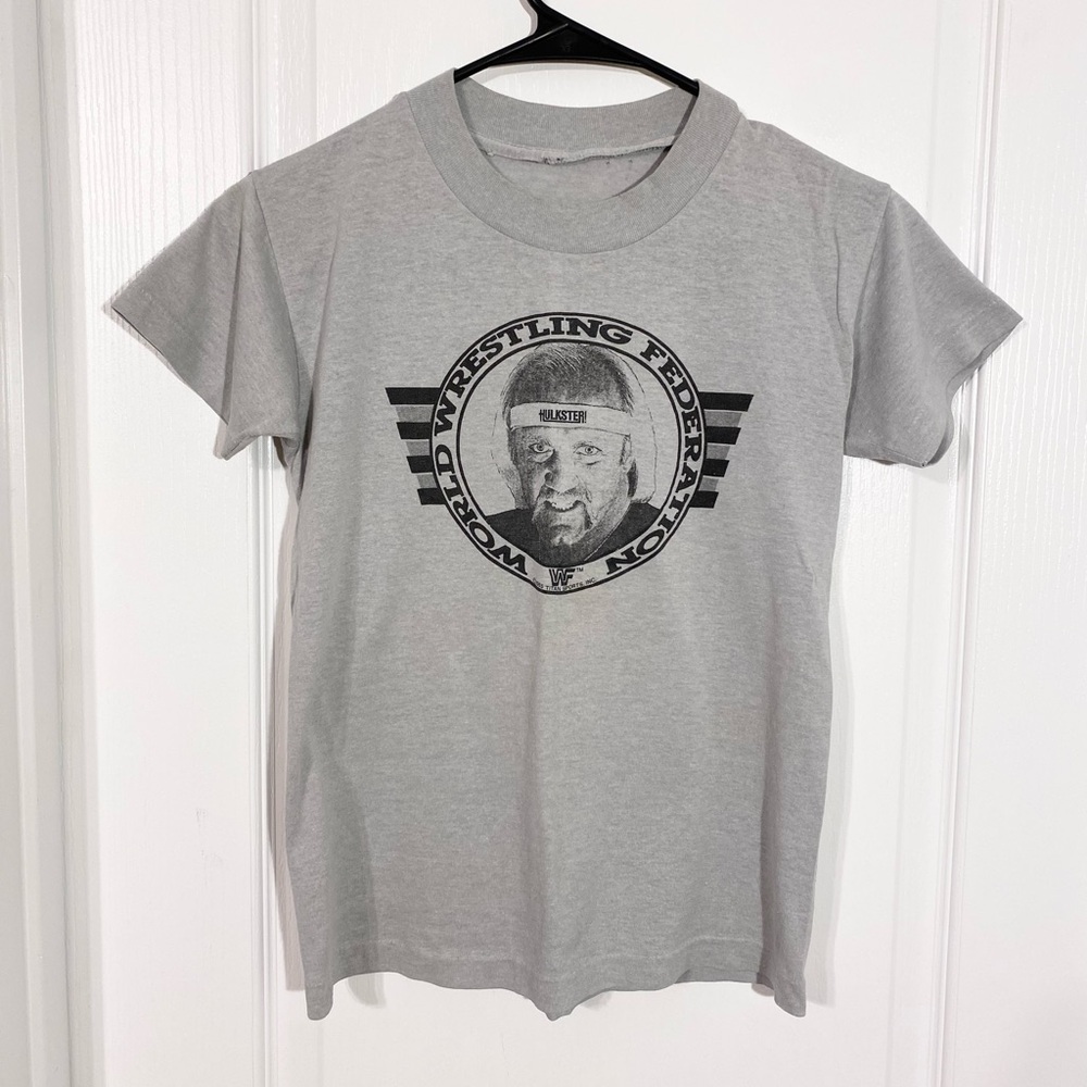 80s WWF Hulk Hogan Wrestling Graphic Tee Vintage Gray Youth Small / Women’s XXS